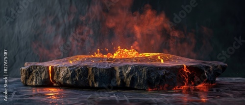 Flames engulf an ancient stone altar. photo