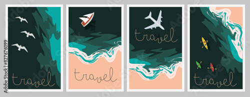Bird's eye view of ocean waves. Coastline. Travel concept. Top view over the sea.