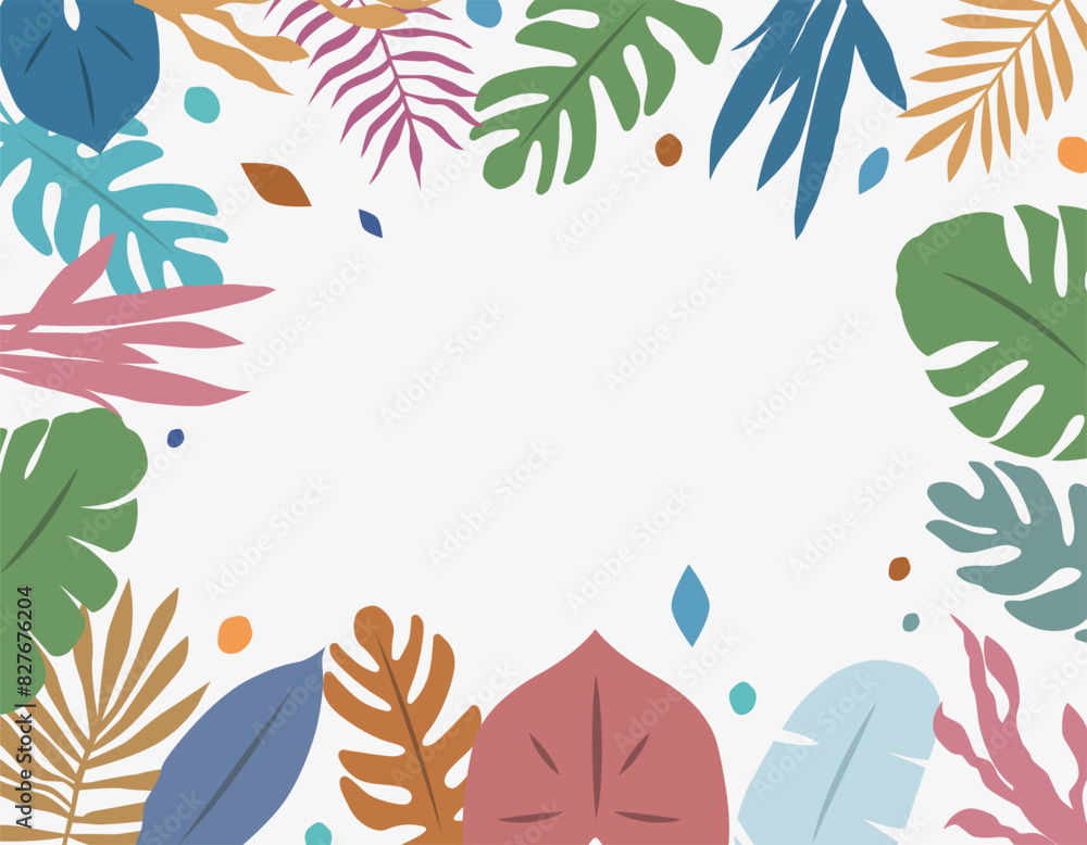 Abstract illustration with exotic jungle leaves. Colorful design, summer background and banner.