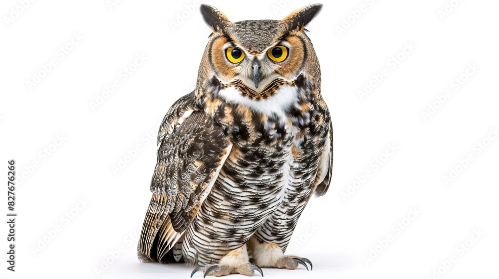A full-body image of a Great Horned Owl, centered in the frame, on an isolated white background A full-body image of a Great Horned Owl, centered in the frame, on an isolated white background
