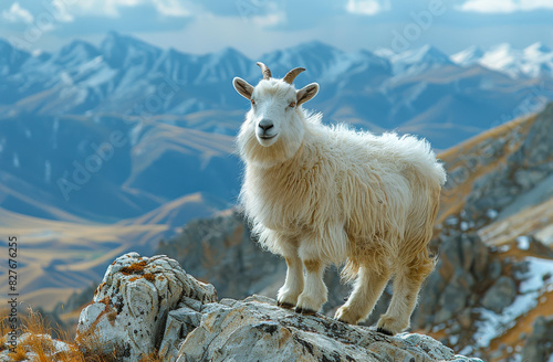 A goat is standing on a rocky mountain top. The goat is white and has a long, shaggy coat. The mountain range in the background is covered in snow