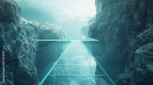 A fragile glass bridge spanning a deep chasm, symbolizing strength in delicacy, Futuristic, Cool tones, 3D rendering, Daring and ethereal photo