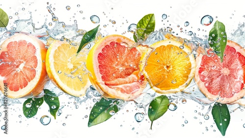 a vibrant and dynamic composition featuring slices of grapefruit and lemons  along with green leaves  all suspended in water with bubbles around them