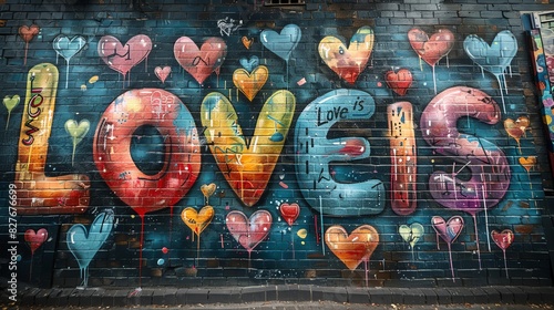 Illustration of a Love is Love message written in the sky by an airplane, over a cityscape during a festival photo