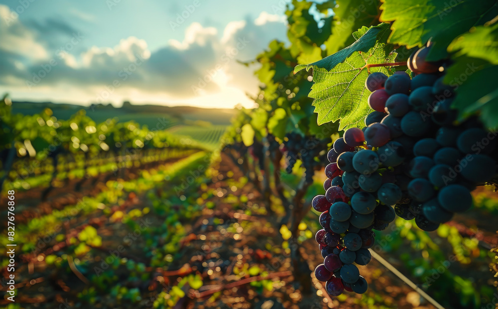 Fototapeta premium A bunch of grapes hanging from a vine. The grapes are ripe and ready to be picked. The vine is surrounded by green leaves and the sky is blue with some clouds