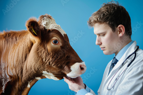 Young male veterinarian in white coat examining a healthy brown cow against a blue background, showcasing animal care and veterinary medicine