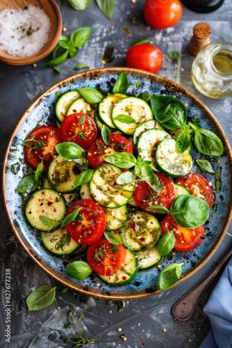 Fresh tomato and zucchini salad with basil, seasoned with olive oil and spices, served in a decorative blue bowl.