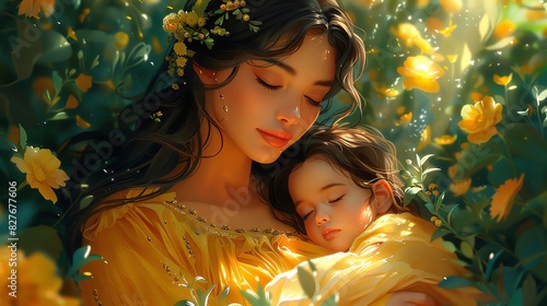 Illustration of a new mom sitting in a garden, cradling her newborn The background features vibrant flowers and greenery with gentle sunlight photo
