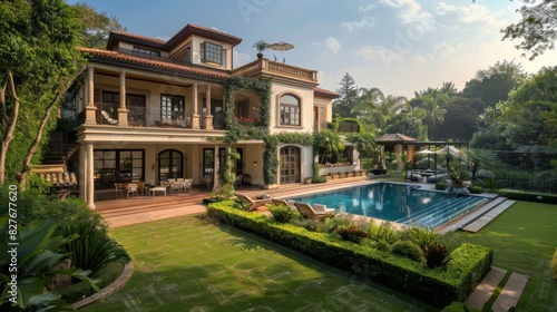 A luxurious mansion with an expansive garden and swimming pool