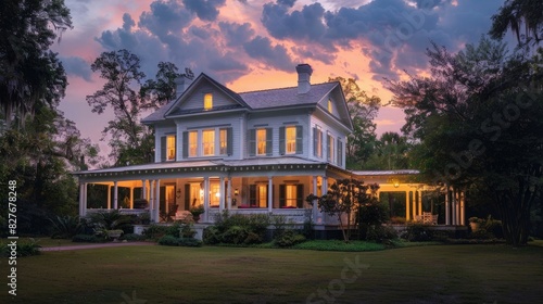 beautiful house in Beomorphicouf  South Carolina at dusk with lights on inside and porch light lit up. 