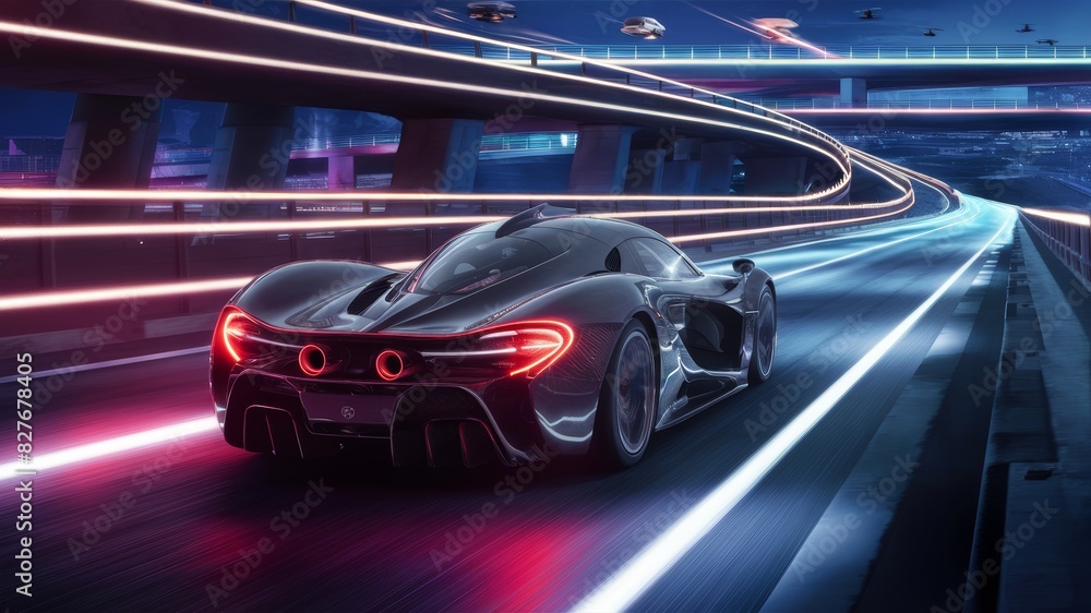 Futuristic concept showcasing a high speed supercar racing on a technologically advanced highway adorned with trail lights