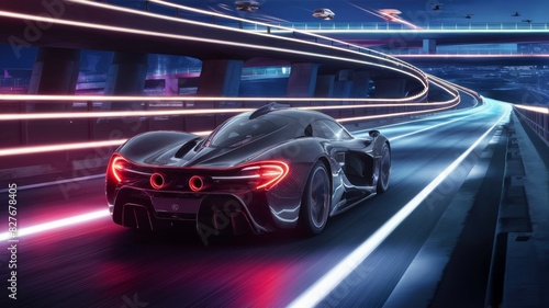 Futuristic concept showcasing a high speed supercar racing on a technologically advanced highway adorned with trail lights © EF Studio