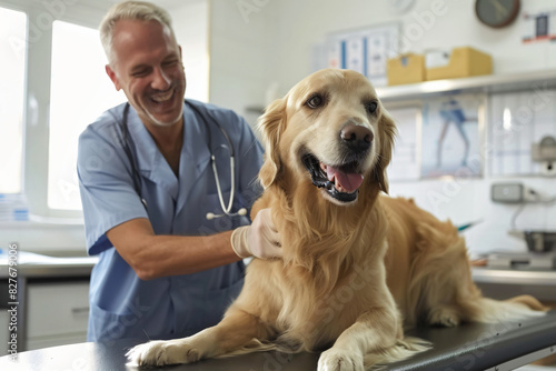 Joyful male veterinarian giving a friendly check-up to a cheerful golden retriever in a bright veterinary clinic setting