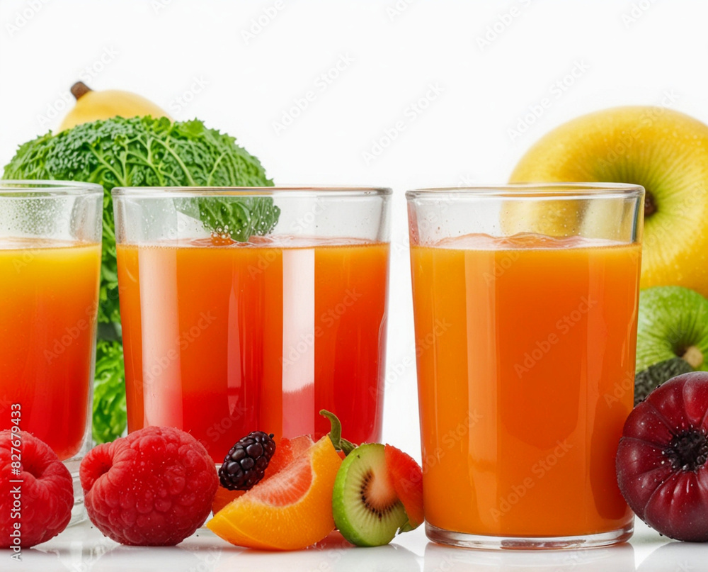 Fresh juice pours from fruits and vegetables in a glass. Fresh juice pours from fruits and vegetables in a glass.