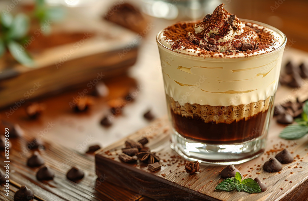 A glass of dessert with chocolate and whipped cream on top. The dessert is served on a wooden table with a pile of chocolate chips A glass of dessert with chocolate and whipped cream on top. The dessert is served on a wooden table with a pile of chocolate chips