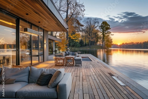 Beautiful lake front home with modern outdoor furniture on the deck overlooking calm waters of a serene lakeside at sunset. Scandinavian farmhouse style interior design of boathouse in athlete's farm photo