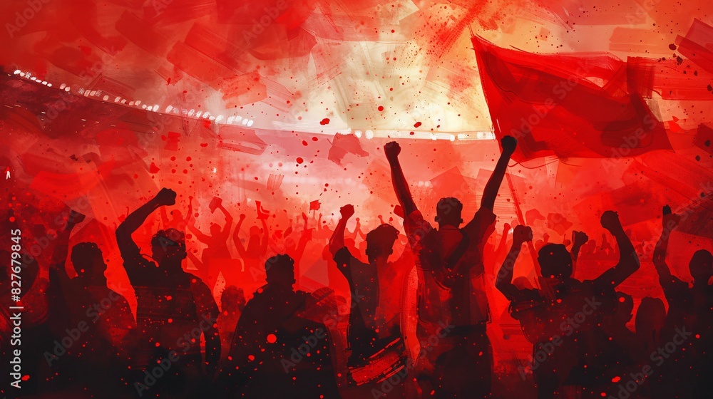 © AriyaniAI - watercolor illustration of excited emotional crowd of sport fans cheering and screaming on match at stadium, the fans wearing red t-shirt generative AI © AriyaniAI - watercolor illustration of excited emotional crowd of sport fans cheering and screaming on match at stadium, the fans wearing red t-shirt generative AI