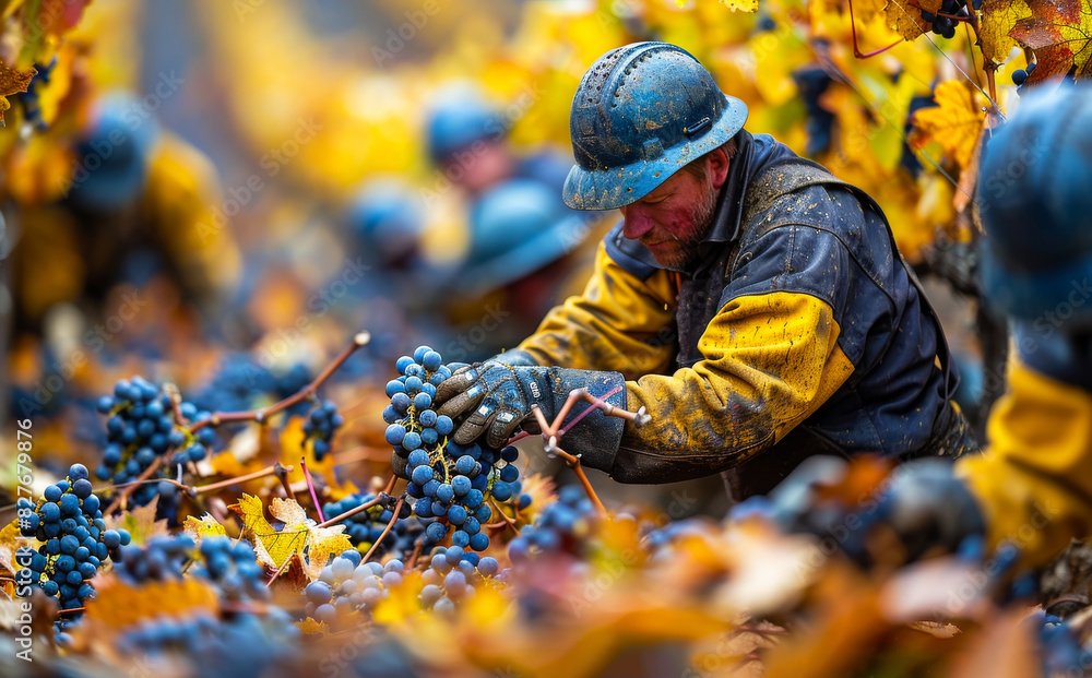 A man is picking grapes in a field. The grapes are ripe and ready to be picked. The man is wearing a hard hat and gloves A man is picking grapes in a field. The grapes are ripe and ready to be picked. The man is wearing a hard hat and gloves