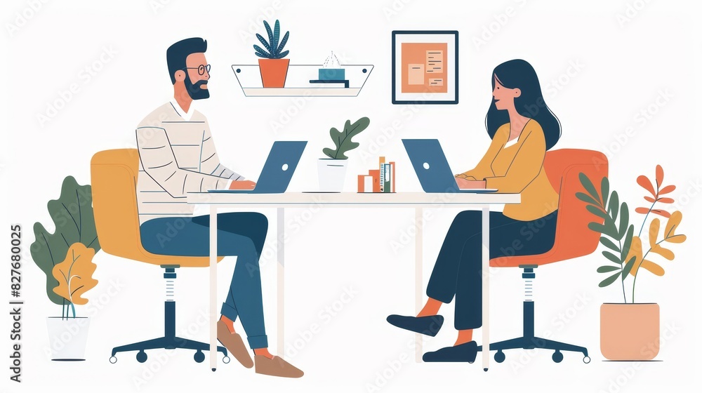 Two people sitting at a table with laptops, one of them is a woman Two people sitting at a table with laptops, one of them is a woman