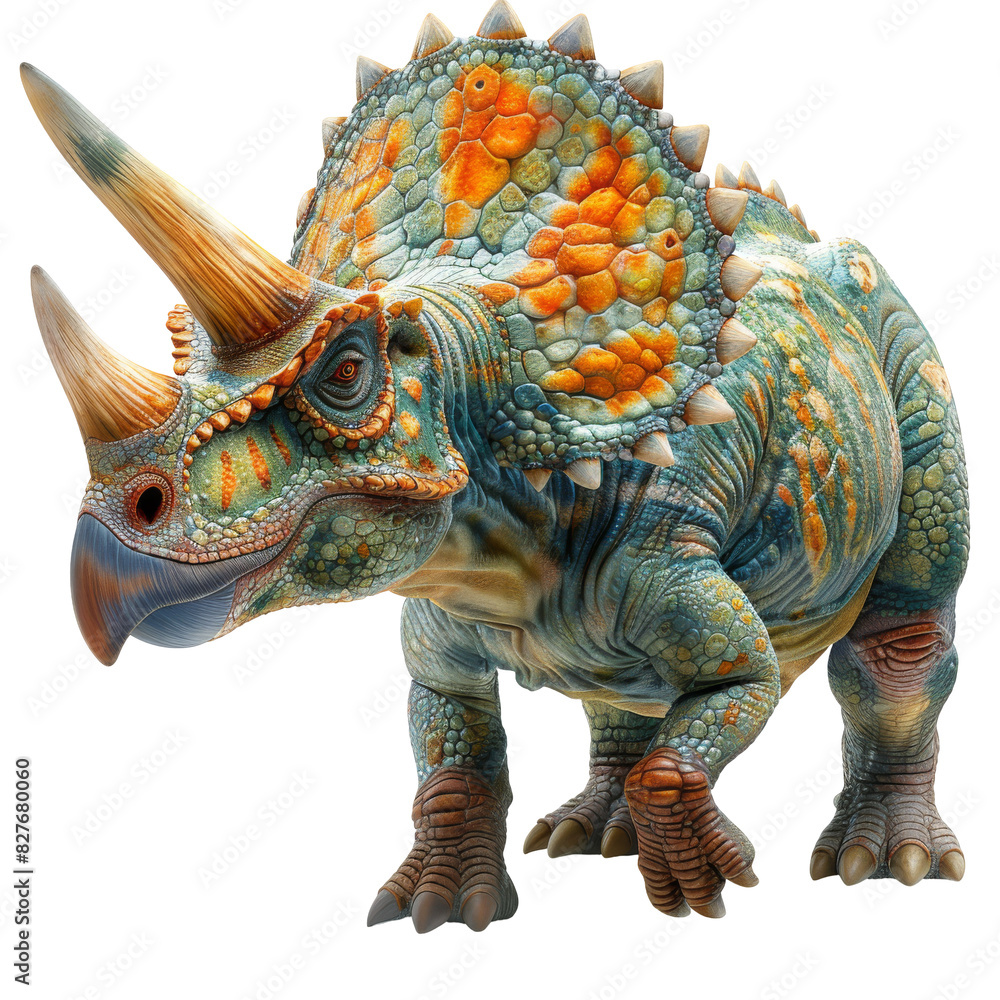Obraz premium Triceratops isolated solid white background, without shadow, single object, detailed, PNG diecut style