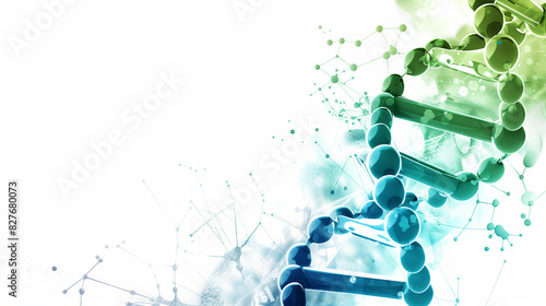 Illustration of a blue and green DNA molecular structure in a white background.