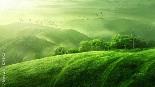 A green landscape with a fog photo