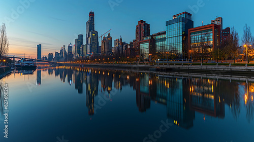 city skyline with illuminated buildings reflecting on river at twilight