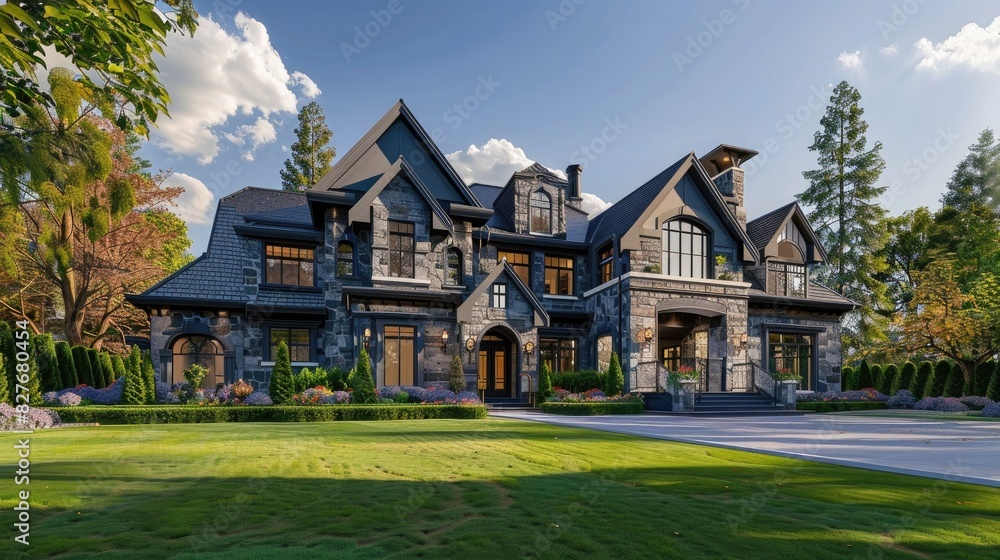 beautiful luxury home in the scenic area of Vancouver with a large front yard and driveway, stone exterior, blue sky, trees, colorful flowers, grassy lawn, photo realistic