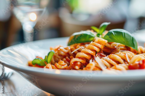 Delicious Fusilli Pasta with Tomato Sauce and Fresh Basil in a White Plate