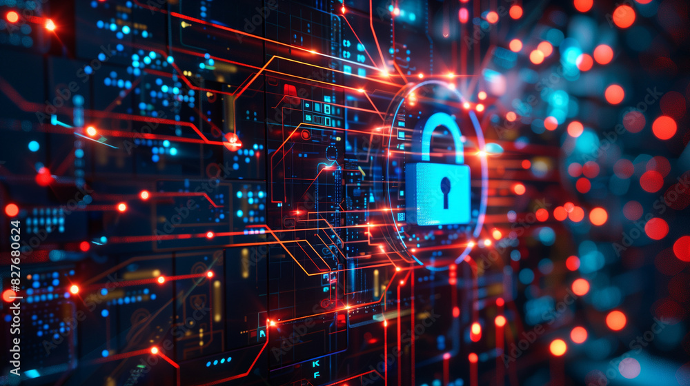 Cyber security and encryption symbolized by padlock surrounded by digital circuit board with red glare effect. Cyber security and encryption symbolized by padlock surrounded by digital circuit board with red glare effect.