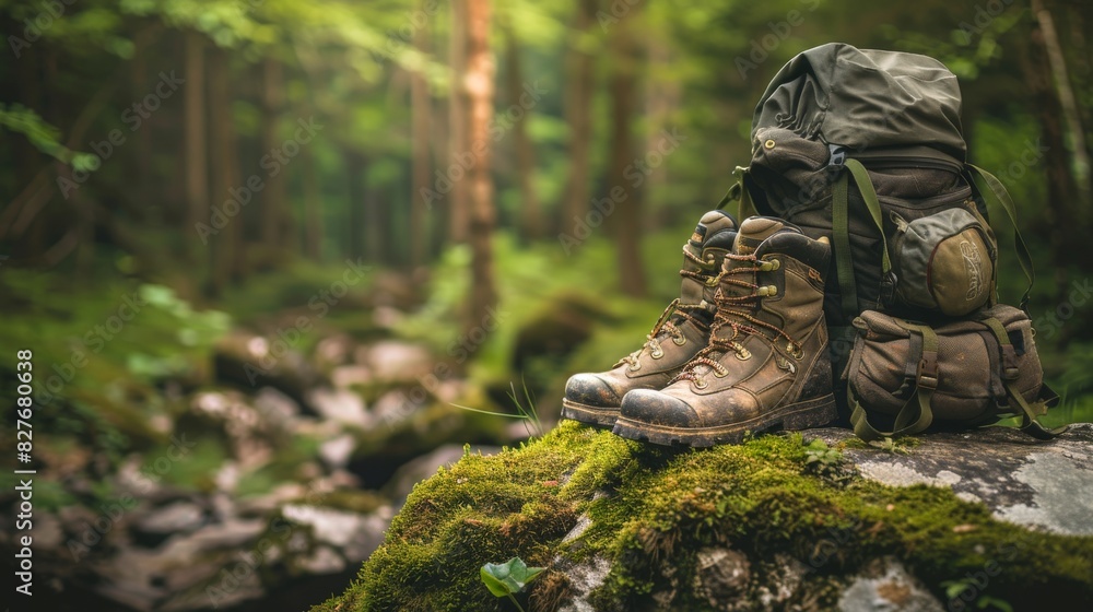 Trekking Gear Set Against A Lush Woodland Backdrop. Generative AI Trekking Gear Set Against A Lush Woodland Backdrop. Generative AI