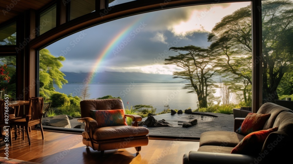 Fototapeta premium Cozy cabin window view by the lake. 