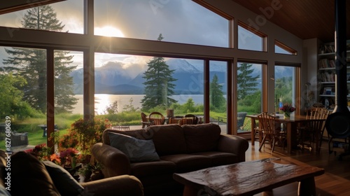 Cozy cabin window view by the lake. 