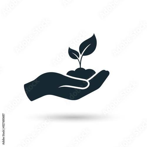 Plant in hand vector icon. Leaf nature icon flat. Leaf and hand, care nature icon vector