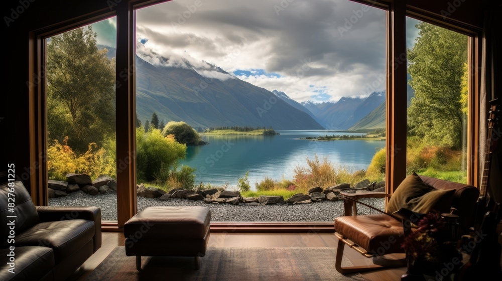 Fototapeta premium Cozy cabin window view by the lake. 
