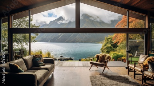 Cozy cabin window view by the lake. 