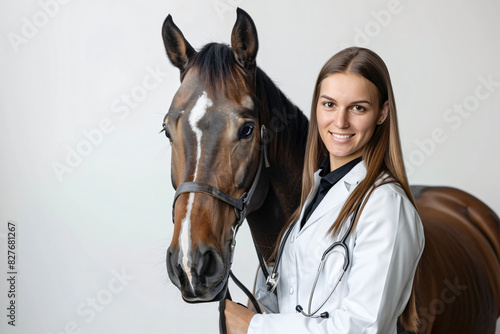 Professional female veterinarian in a white coat smiling confidently as she stands beside a healthy, well-groomed horse against a gray background