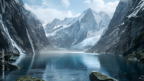 A serene alpine lake nestled between snow-capped peaks © Muhammad