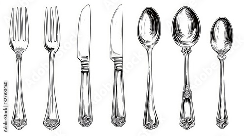 Upgrade your dining experience with this sleek customizable set of cutlery This 2d outline drawing features a slim design with a customizable stroke showcasing a classic spoon alongside a k photo