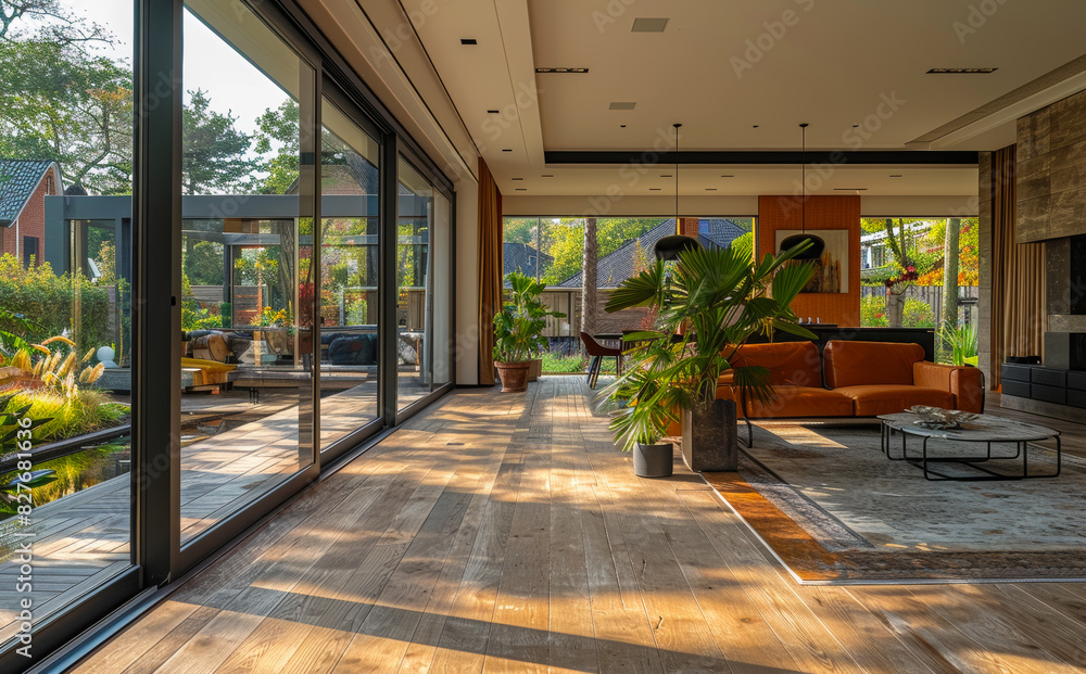 A large open living room with a lot of natural light and a fireplace. The room is filled with furniture, including a couch, a coffee table, and a potted plant. A large open living room with a lot of natural light and a fireplace. The room is filled with furniture, including a couch, a coffee table, and a potted plant.