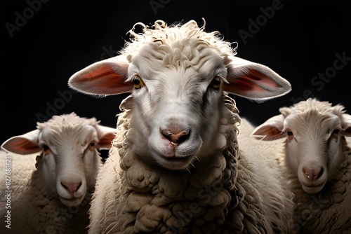 Isolated on black, are white lambs. A juvenile sheep in close-up, staring at the cameraa sheep in close-up

 photo