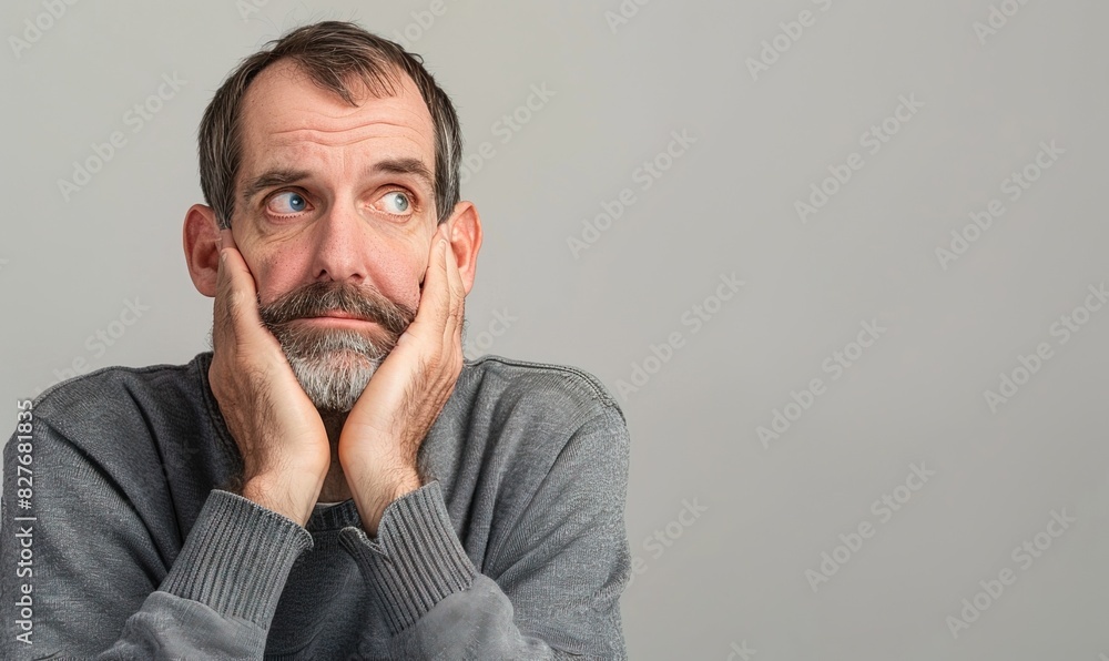 Middle age sad caucasian thinking man isolated on a gray background with copy space