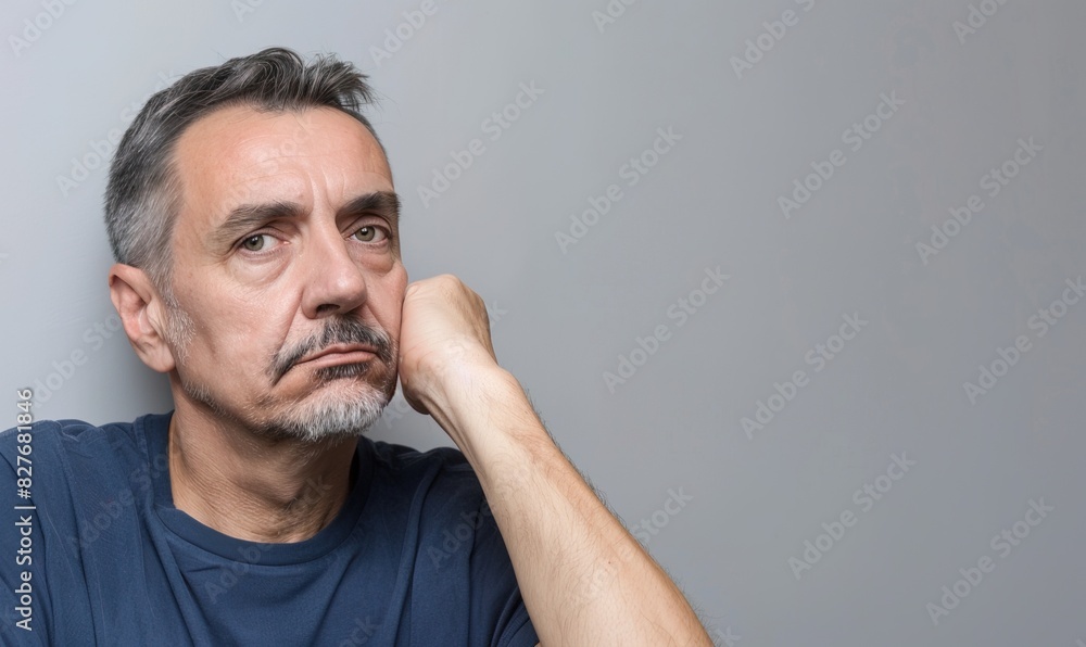 Middle age sad caucasian depressed man isolated on a gray background with copy space Middle age sad caucasian depressed man isolated on a gray background with copy space