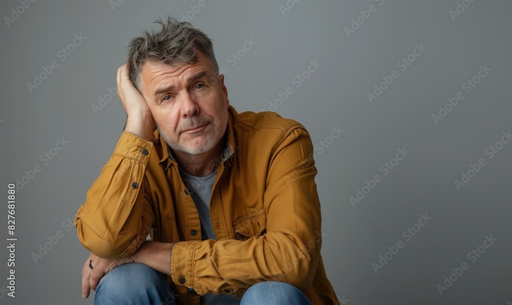 Middle age caucasian thinking man isolated on a gray background with copy space Middle age caucasian thinking man isolated on a gray background with copy space