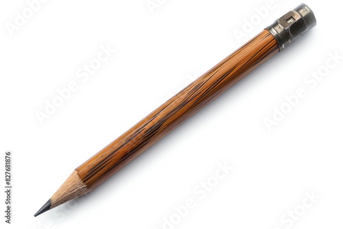 A wooden pencil with a metal tip on a white background. The pencil is sharpened and ready to use.