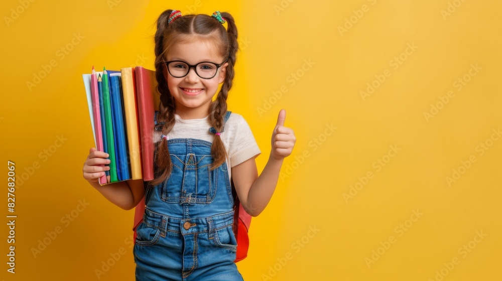 Smiling young girl with glasses and pigtails holding books and backpack with thumbs up on yellow background. Back to school concept. Smiling young girl with glasses and pigtails holding books and backpack with thumbs up on yellow background. Back to school concept.