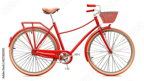 a vintage red bicycle with a brown leather seat and a wicker basket on the front.