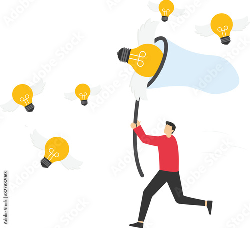 Capture new business ideas, search for innovation or creativity, brainstorm or invent new discovery project concept, smart businessman chasing and catch flying lightbulb ideas with butterfly net.

