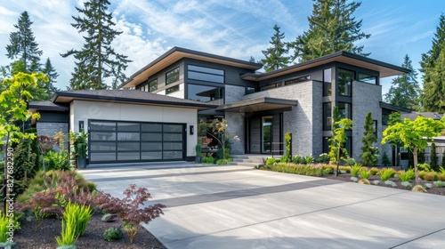 Beautiful modern home exterior with a large garage and grey stucco walls, a concrete floor, trees and plants in the front yard. Wide angle lens with natural lighting.