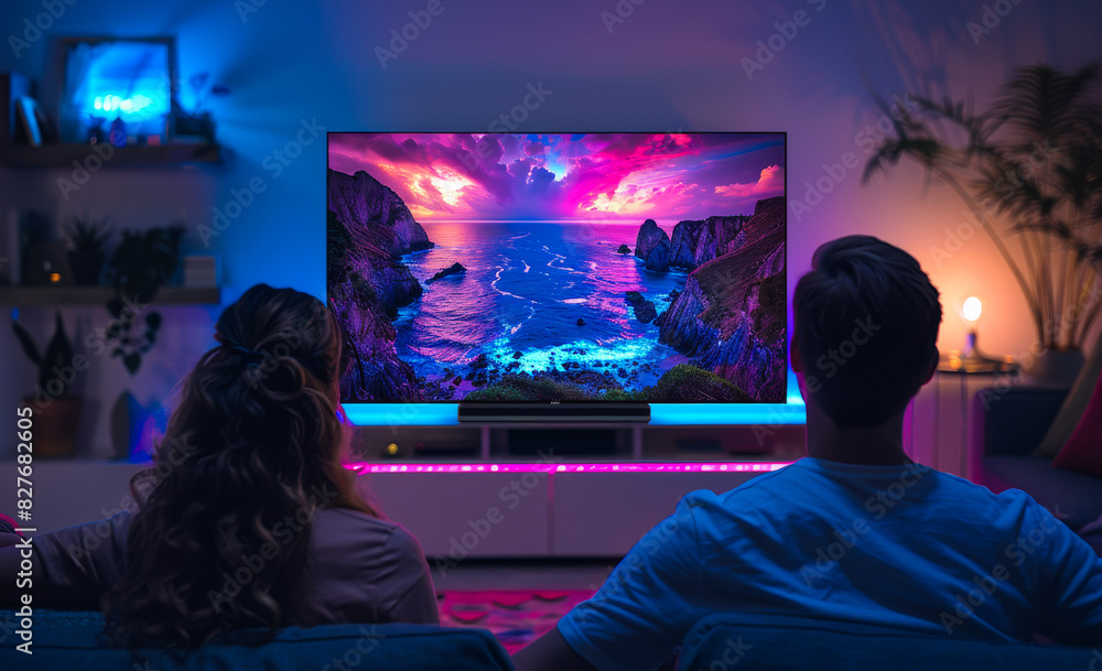 A man and woman are watching a movie on a large television. The woman is wearing a pink shirt and the man is wearing a blue shirt. A man and woman are watching a movie on a large television. The woman is wearing a pink shirt and the man is wearing a blue shirt.
